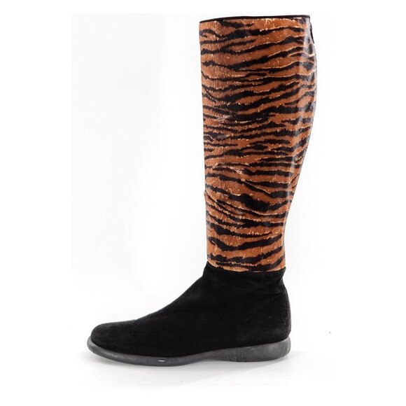 STUART WEITZMAN Tiger Print Calf Hair Suede Knee High Boots Black Brown - Picture 4 of 8